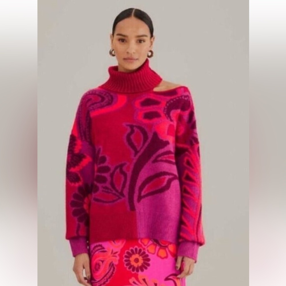 Farm‎ Rio Vibrant Floral Cable Knit Sweater Pink Botanical Print Size Medium